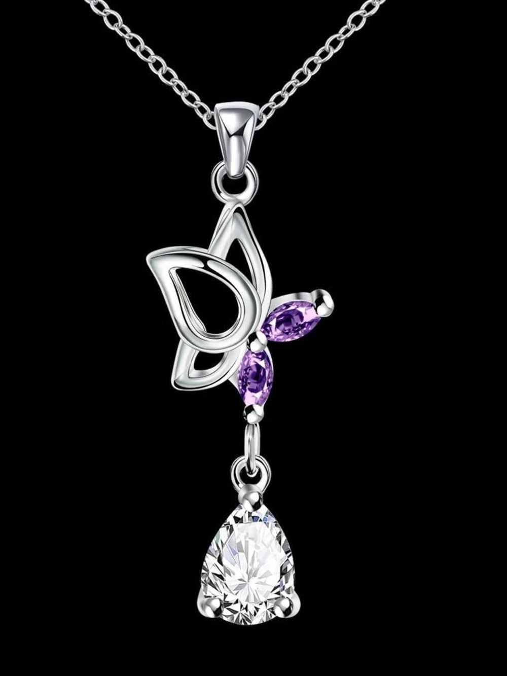 Silver Butterfly Pendant Necklace with Purple and Clear Stones
